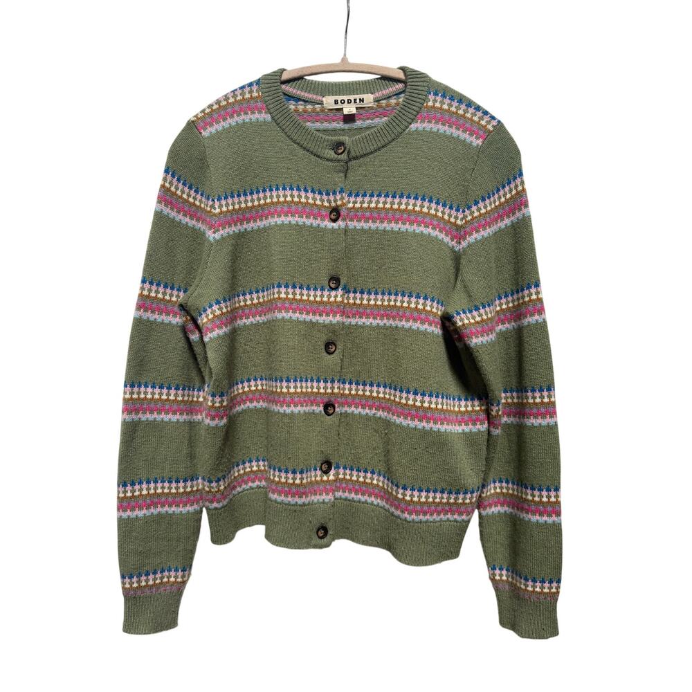 Boden Edie Fair Isle Cardigan Women's Medium Alpaca Wool Green